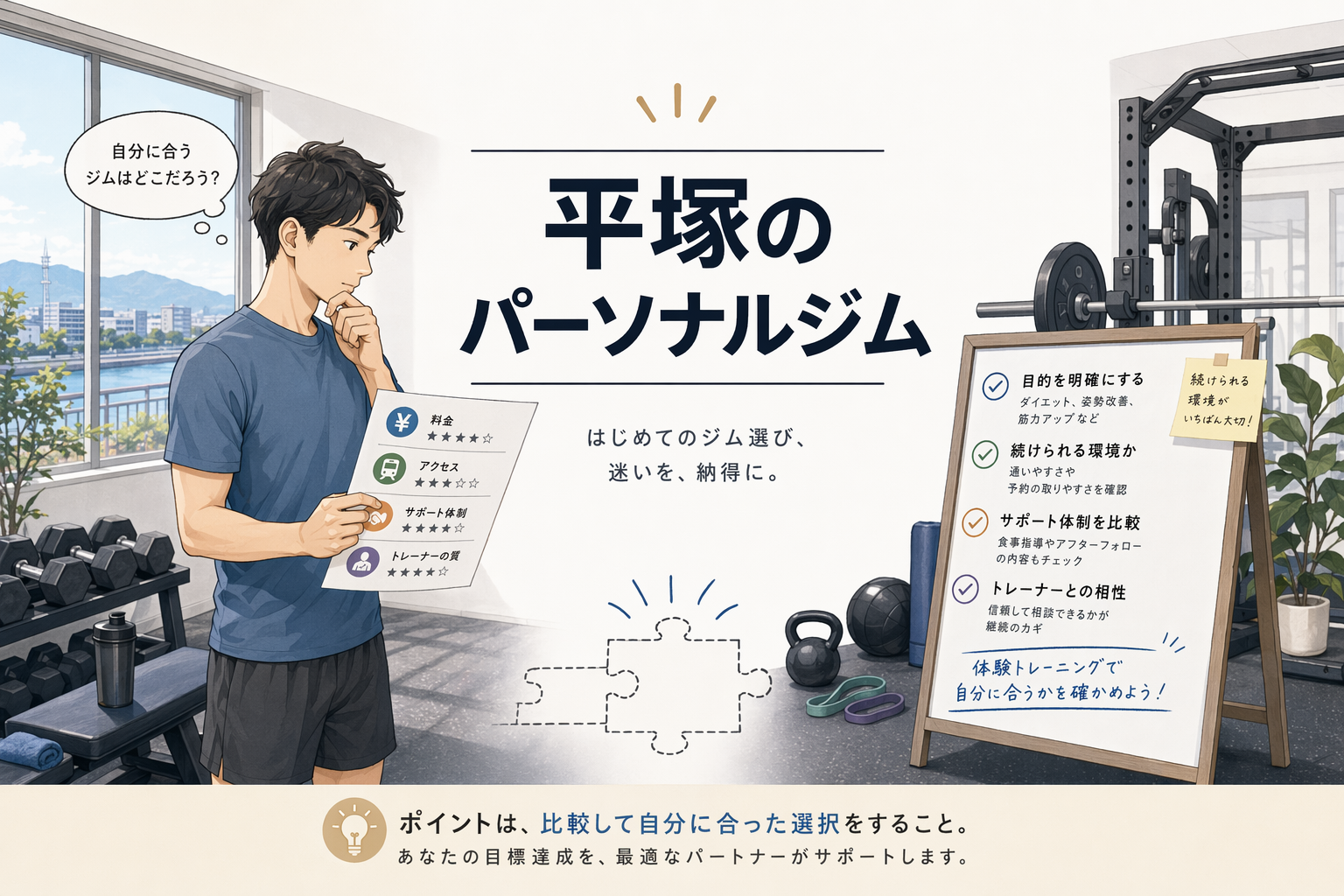 Hero image for article: 平塚のパーソナルジム|マンツーマン指導が丁寧で運動初心者も続けやすい選び方