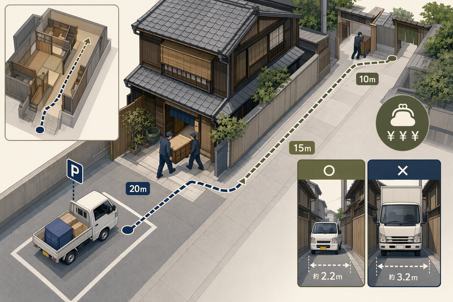 Illustration for: 京都の狭い路地・町家での搬出実績がある業者の見分け方(横持ち料金・車両サイズ・事前確認項目)
