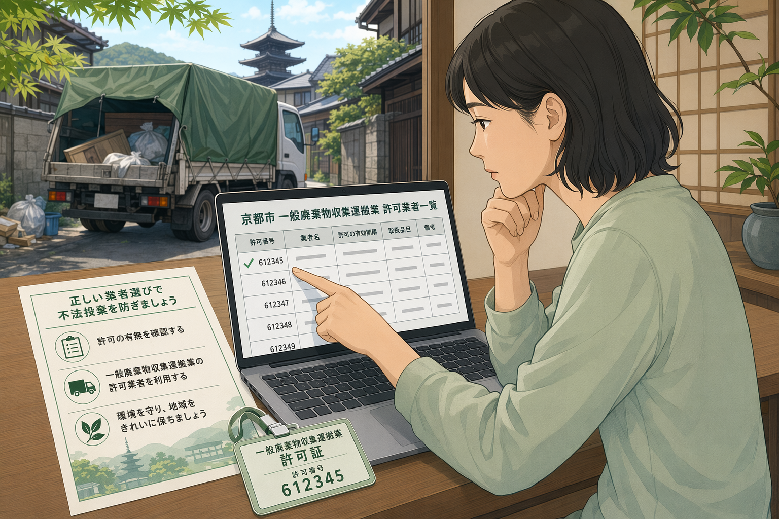 Illustration for: 京都市の一般廃棄物収集運搬業許可業者リストの確認方法と無許可業者のリスク