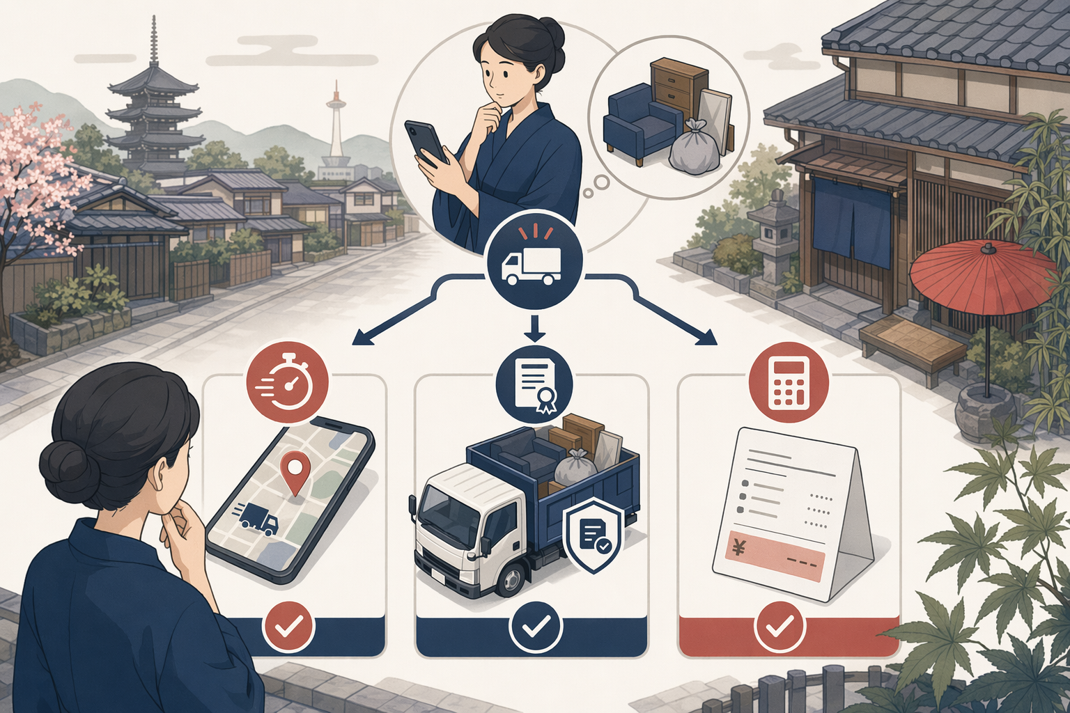 Illustration for: 京都で当日対応可能な不用品回収業者を選ぶ3つの基準