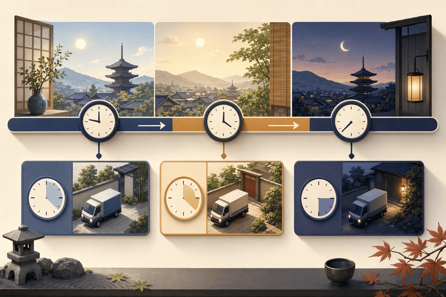 Illustration for: 受付時間と実際の到着時間の関係, 午前連絡と夕方連絡の違い