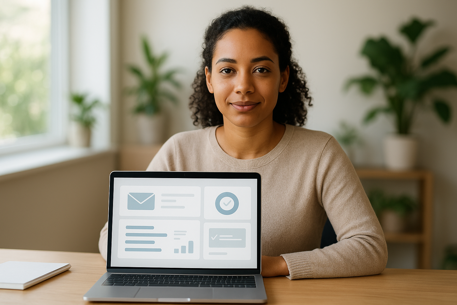 Modern startup founder reviewing digital mail and tax documents on laptop in contemporary office workspace