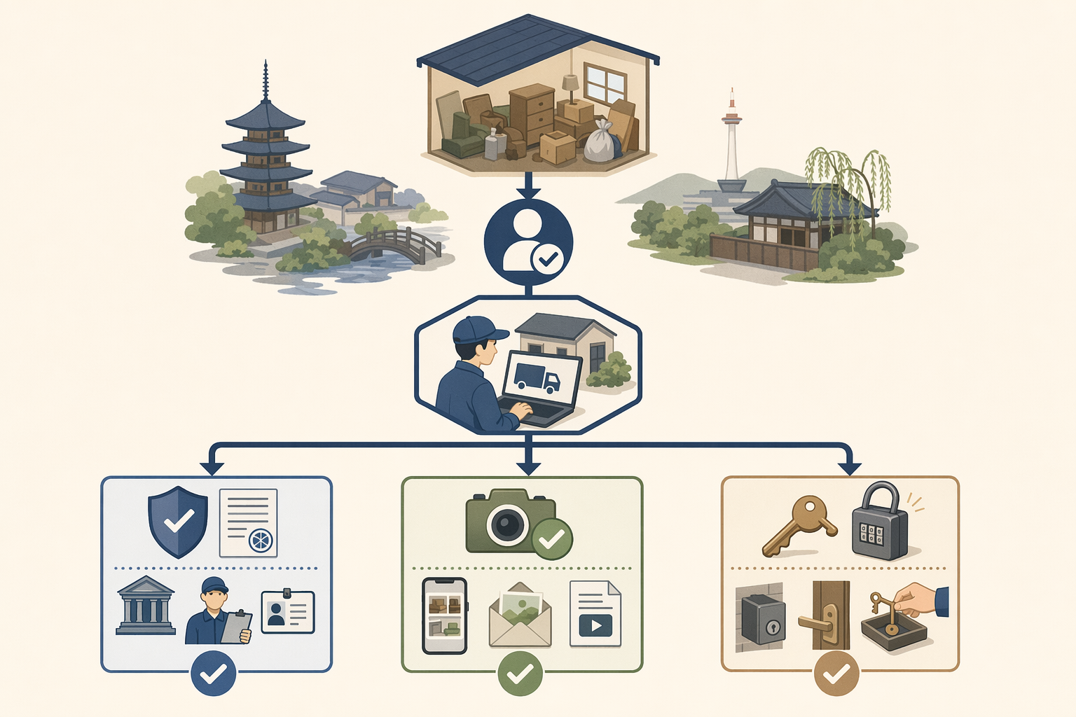 Illustration for: 京都で立ち会わなくても対応してくれる不用品回収業者の選び方