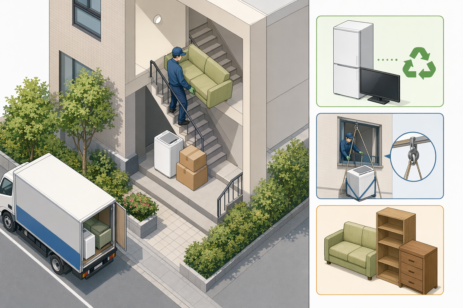 Illustration for: 階段作業費・家電リサイクル料金・特殊搬出の実費例