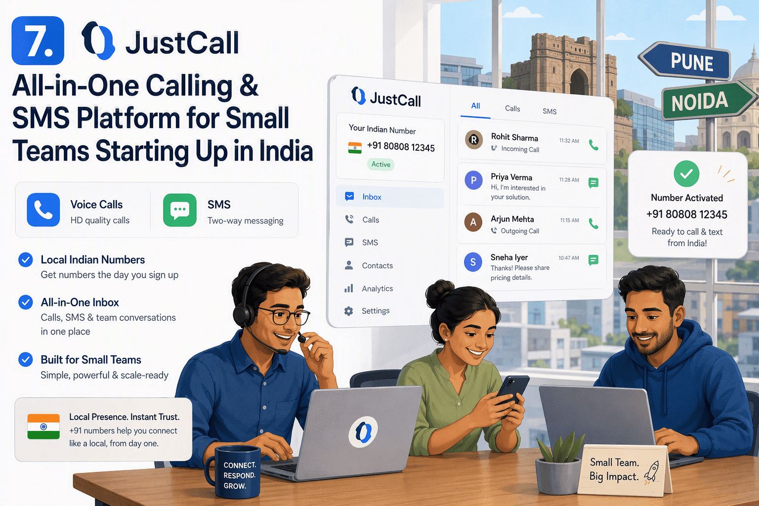 Illustration for 7. JustCall: All-in-One Calling & SMS Platform for Small Teams Starting Up in India
