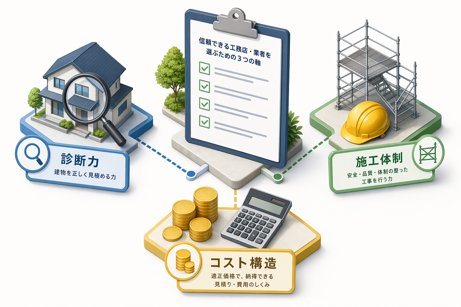 Illustration for: 業者選定で確認すべき3つの比較軸(診断力・施工体制・コスト構造)