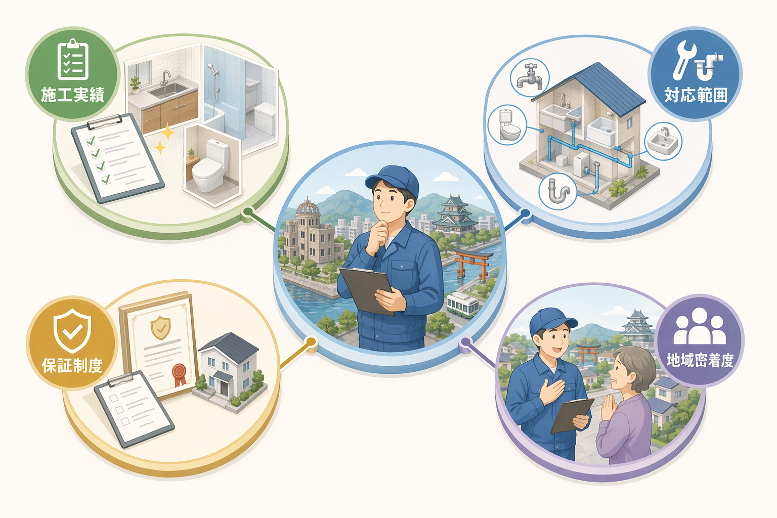 Illustration for: 広島市で水回りリフォーム業者を選ぶ際の4つの判断軸