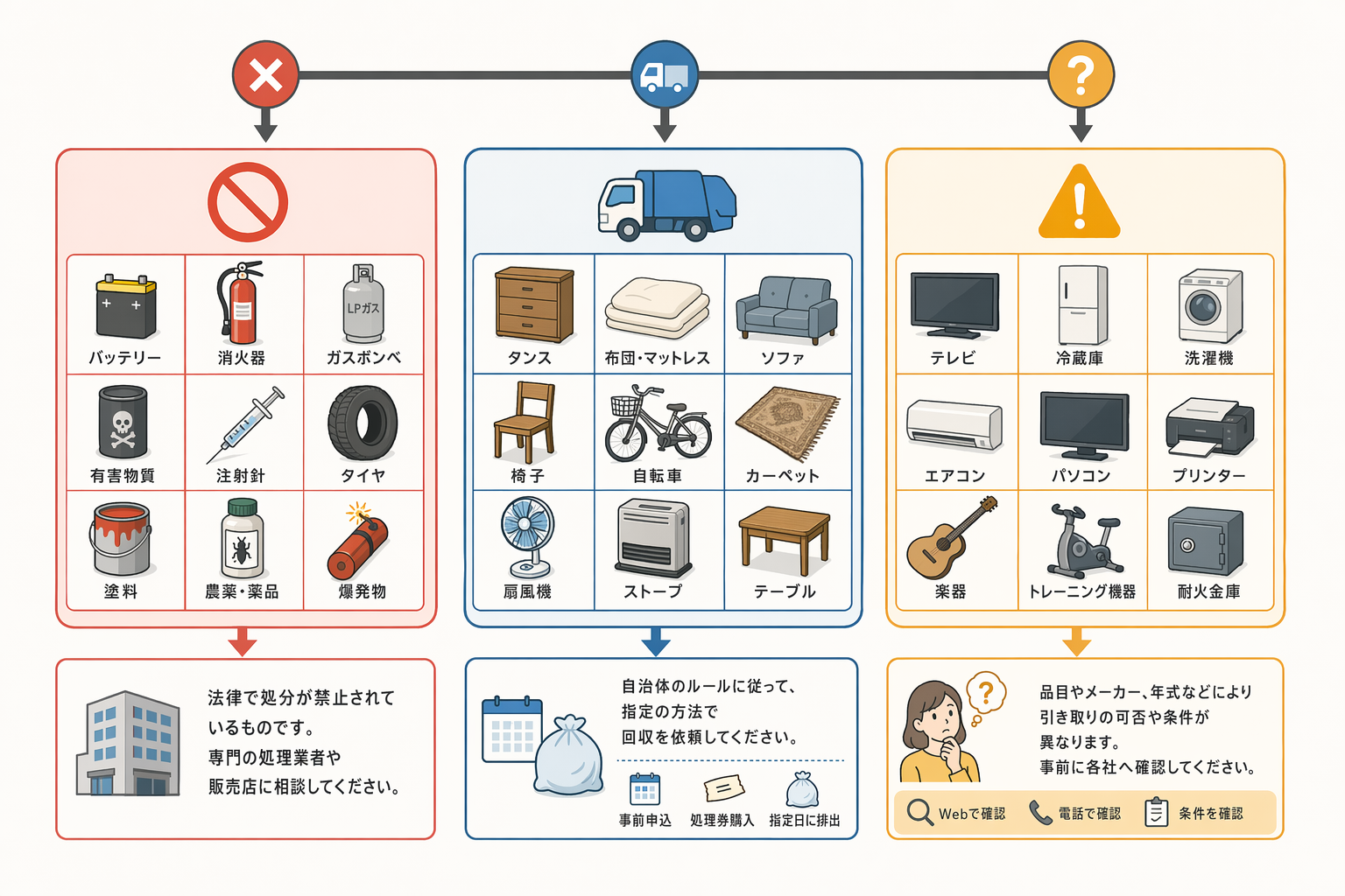 Illustration for: 回収不可品目の事前確認――法律で制限される品目と業者ごとの差