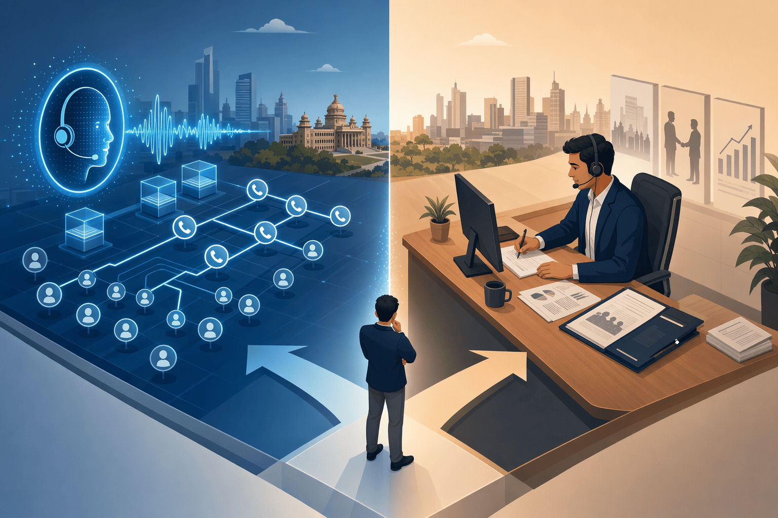 Illustration for: When to Use AI Voice Agents vs. Human SDRs in Bengaluru