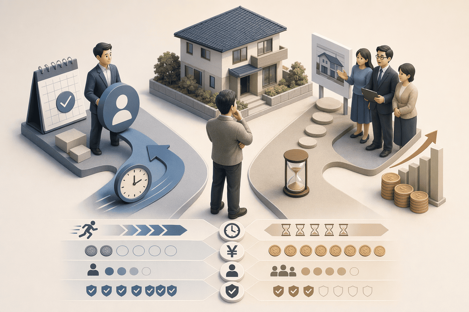Illustration for: 不動産買取と仲介の違い|どちらを選ぶべきか